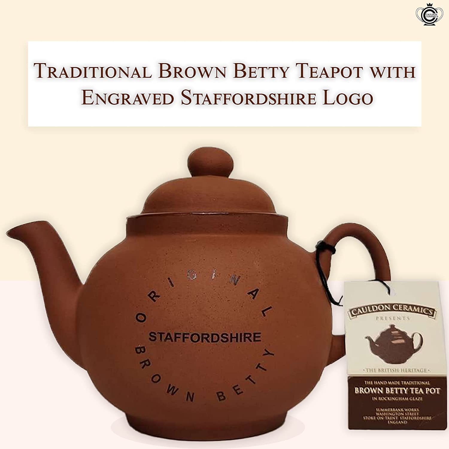 Cauldon Ceramics Traditional Handmade 4 Cup Terracotta Teapot with Logo | Made with Staffordshire Red Clay