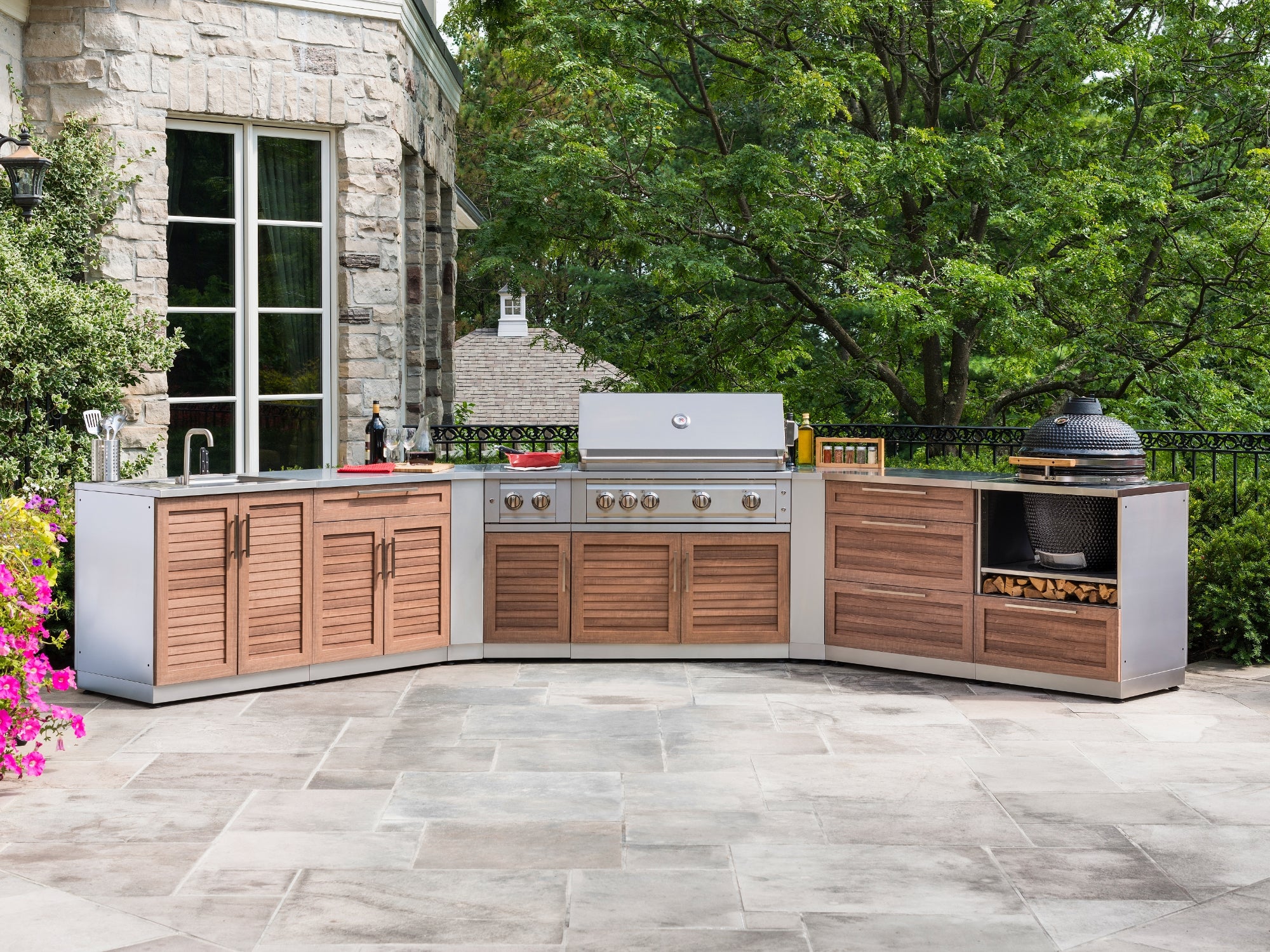 Outdoor Kitchen Stainless-Steel 4 Piece Cabinet Set with 3 Drawer, Grill Cabinet, Platinum Grill and Countertop