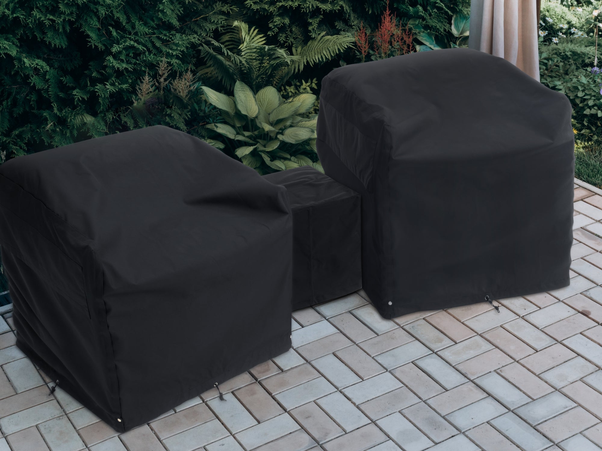 Outdoor Furniture Cover Bundle with 1 & 3 Seater Main Panel, Right/Left Side Panel, Rectangle Umbrella, Square Ottoman/Coffee Table and Side Table Covers