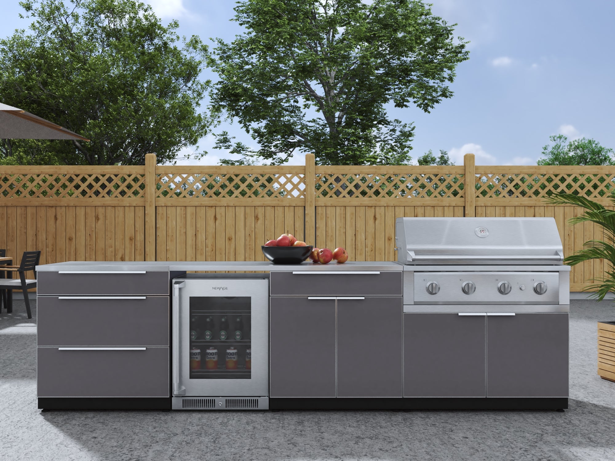 Outdoor Kitchen Aluminum 7 Piece Cabinet Set with 3-Drawer, Bar, Grill Cabinet, Performance Grill, Countertops and Fridge