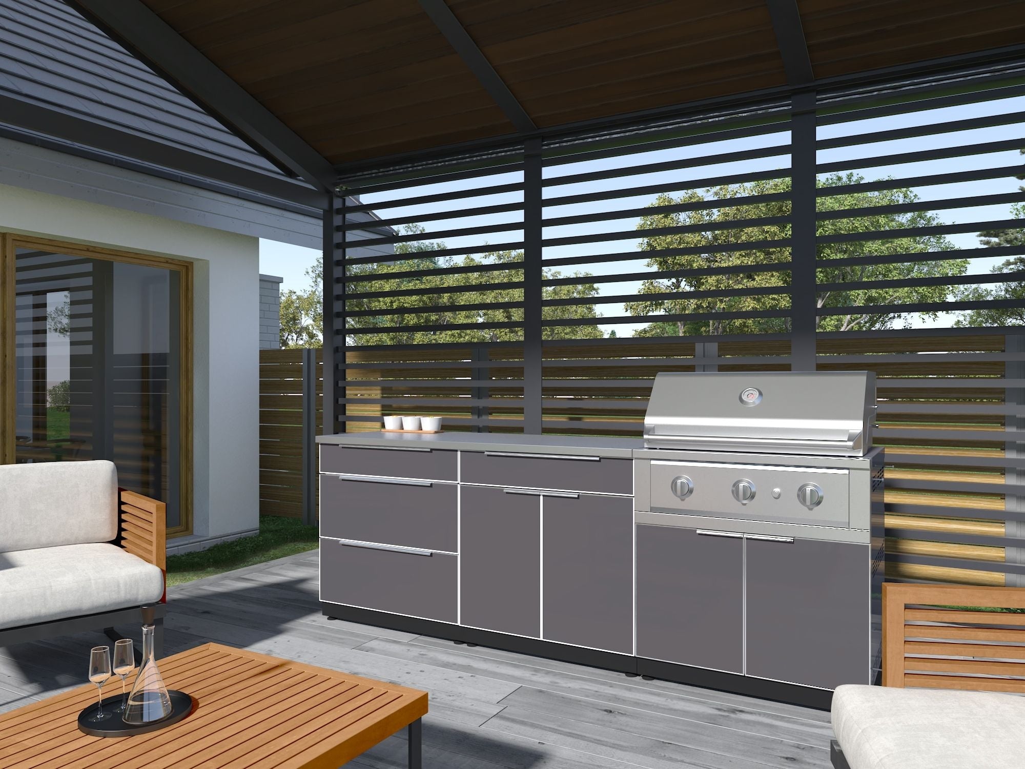 Outdoor Kitchen Aluminum 7 Piece Cabinet Set with 2 Door, Bar, Corner, Grill Cabinet, Performance Grill, and Countertops