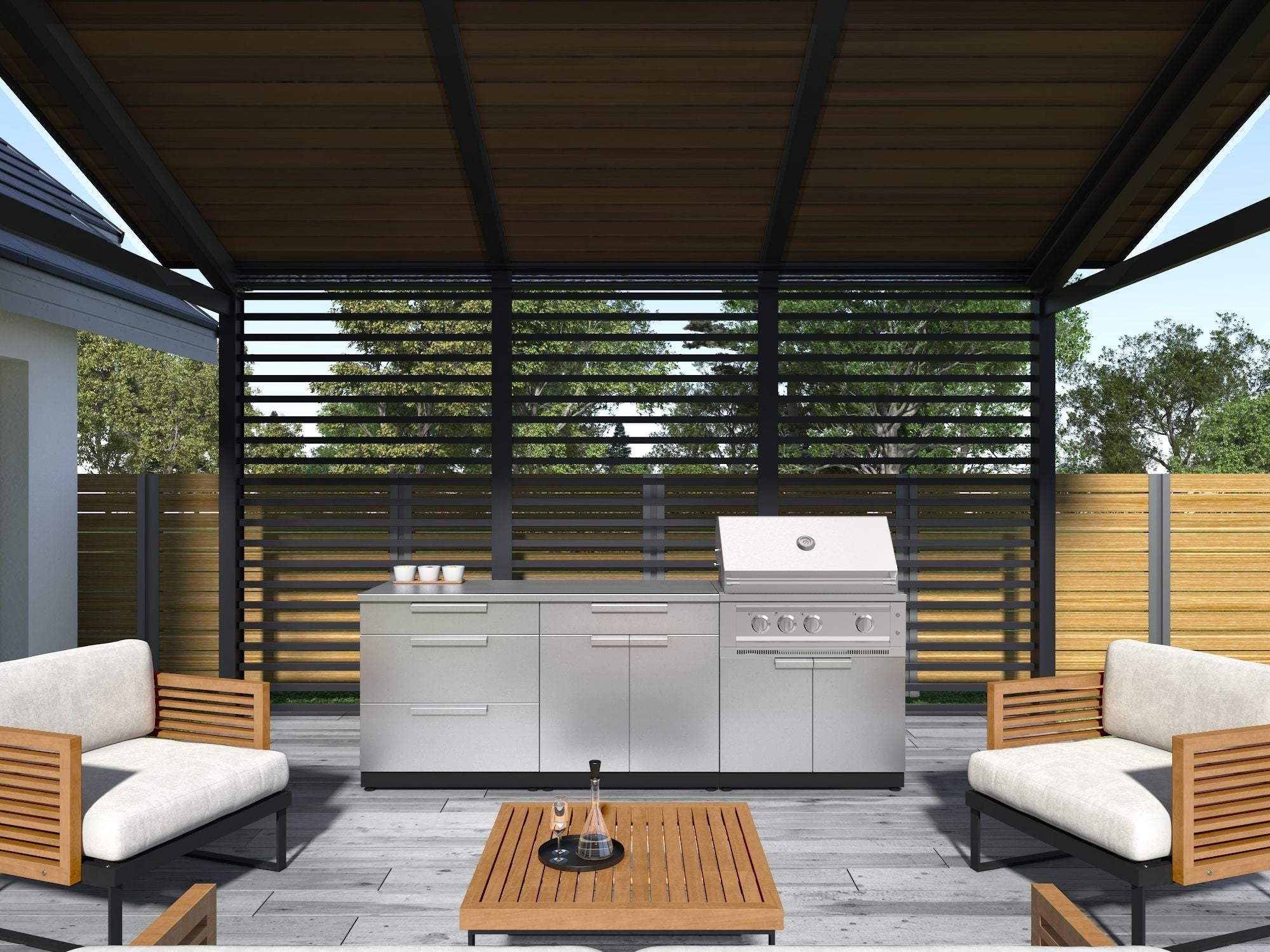 Outdoor Kitchen Stainless-Steel 4 Piece Cabinet Set with 3 Drawer, Grill Cabinet, Platinum Grill and Countertop
