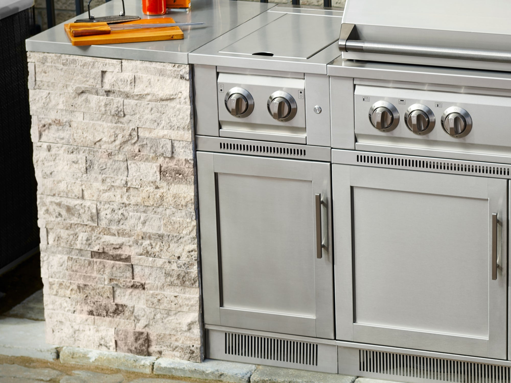 Outdoor Kitchen Signature Series 8 Piece L Shape Cabinet Set with Dual Side Burner, Bar 2 Door and Grill Cabinet