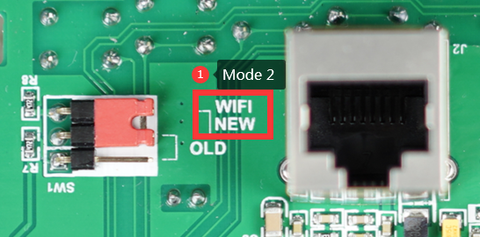 Close-up of circuit board with Ethernet port, labels "WIFI NEW" and "OLD," and a red switch. "Mode 2" is indicated.