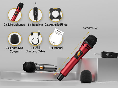 TONOR Wireless Microphones, UHF Dual Karaoke Microphone System, Microfonos  Inalambricos TW320 Red