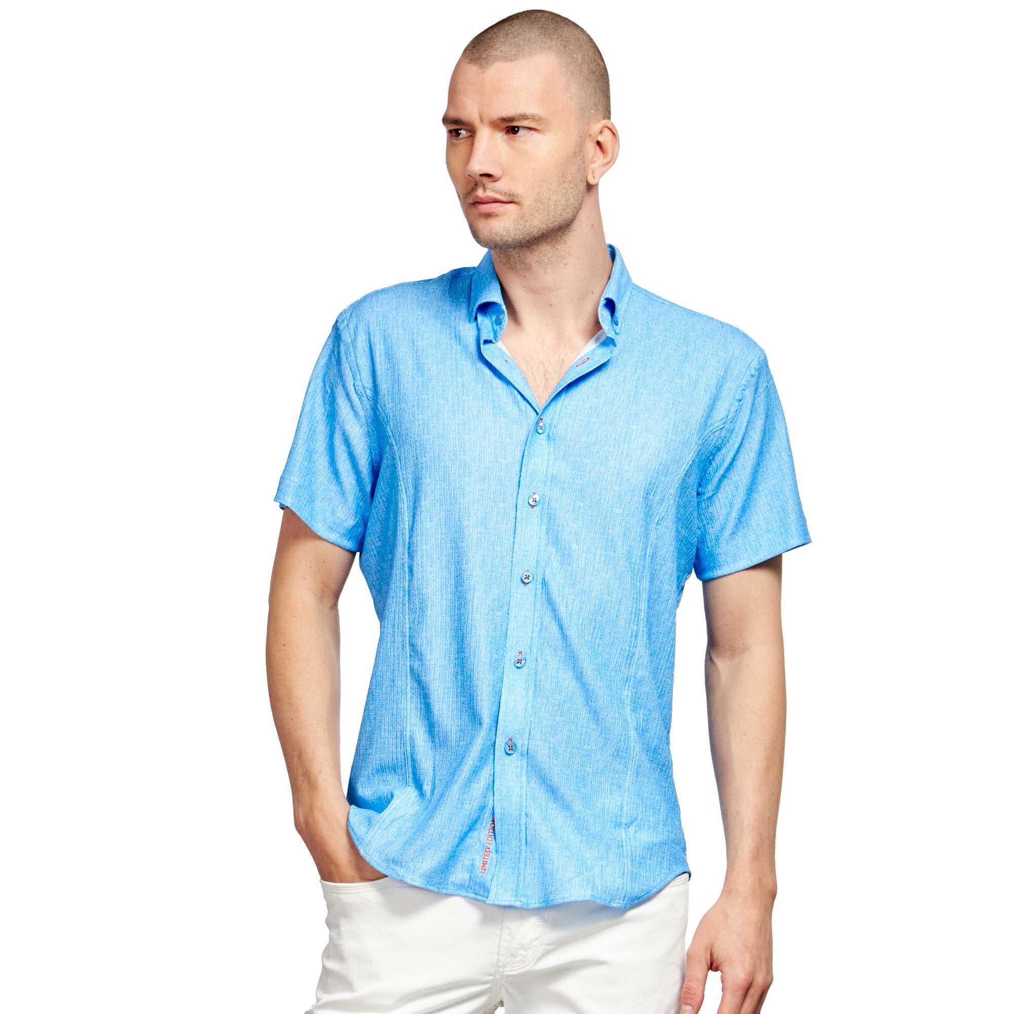 Blue Seersucker Short Sleeve Shirt With Orange Button Stitching