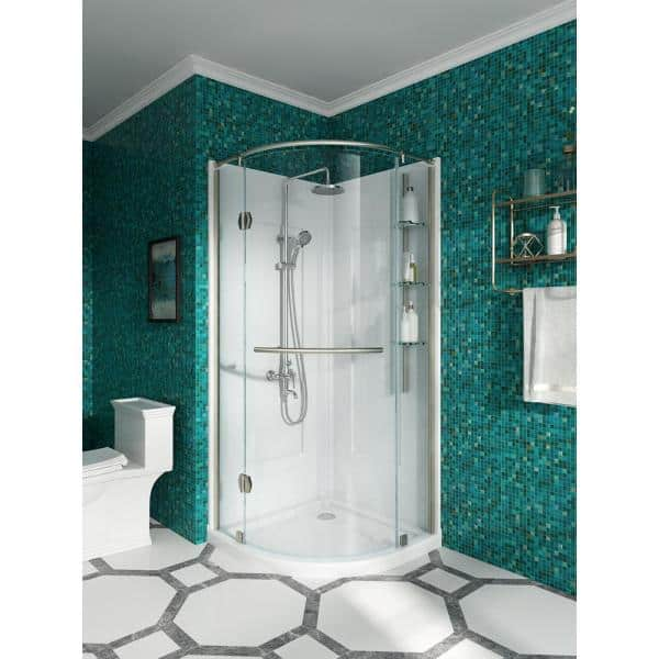 Glamour 32 in. x 76.40 in. Corner Drain Corner Shower Kit in White and Satin Nickel