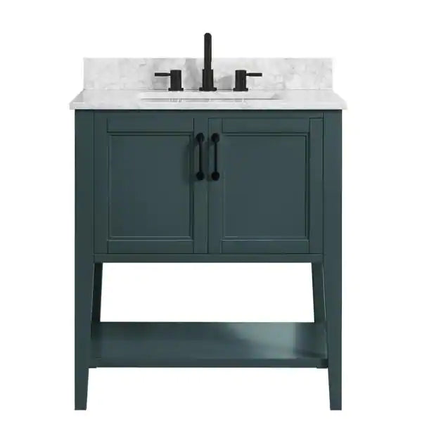 Home Decorators Collection Sherway 31 in. W x 22 in. D Bath Vanity in Antigua Green with Marble Vanity Top in Carrara White with White Basin