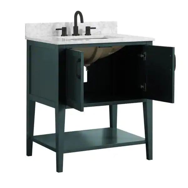 Home Decorators Collection Sherway 31 in. W x 22 in. D Bath Vanity in Antigua Green with Marble Vanity Top in Carrara White with White Basin