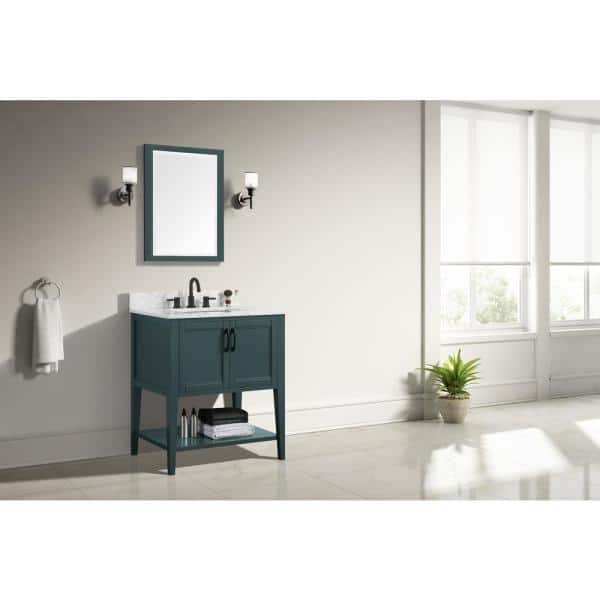 Sherway 31 in. W x 22 in. D Bath Vanity in Antigua Green with Marble Vanity Top in Carrara White with White Basin
