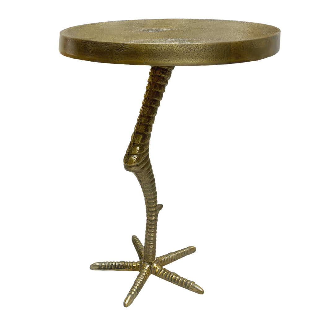 19 Inch Side End Table, Antique Brass Aluminum Cast, Round Top with Handcrafted Textured Bird Leg Stem The Urban Port