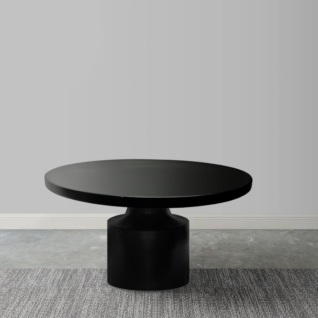 Zoe 30 Inch Round Coffee Table with Pedestal Base, Sleek Modern Silhouette, Matte Black Powder Coated Metal The Urban Port