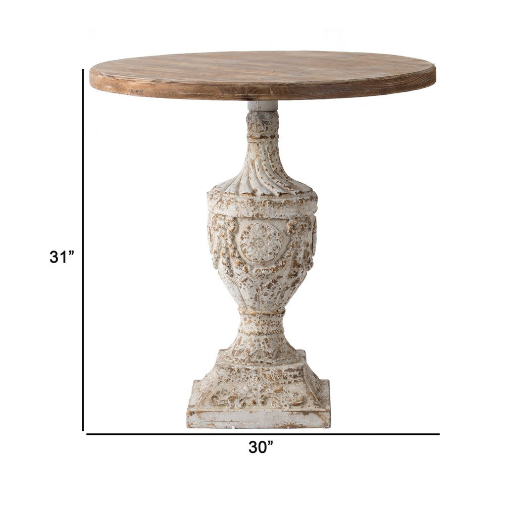 31 Inch Accent Side Table, Pedestal Urn Base, Round Top, Antique White By Casagear Home