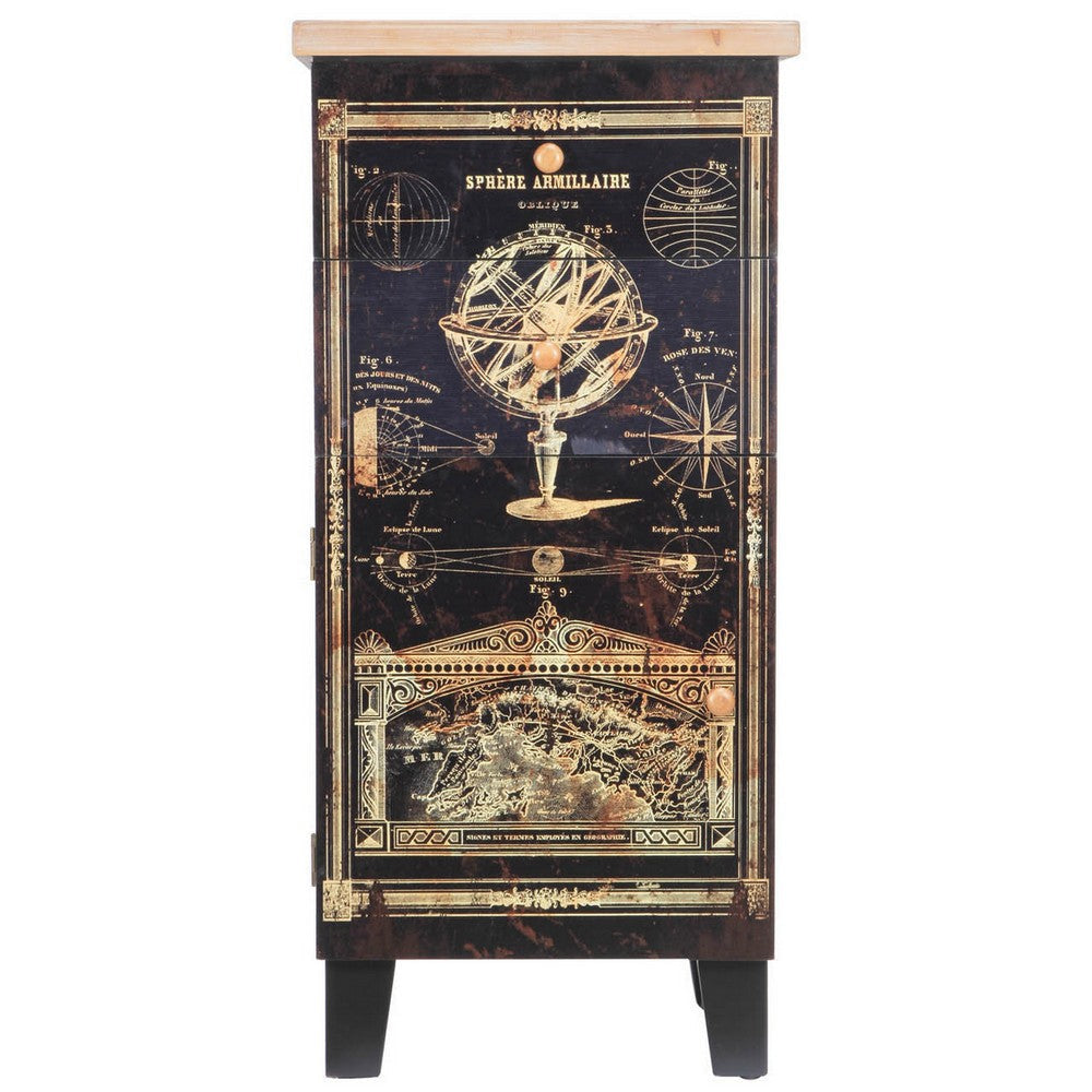 39 Inch Small Accent Cabinet, 2 Drawers, Door, Celestial Design, Black By Casagear Home