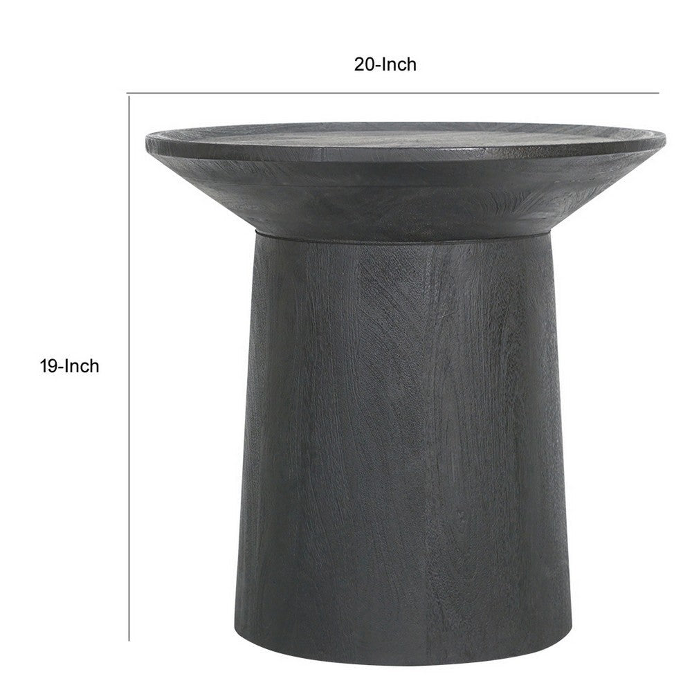 20 Inch Side End Table, Round Mango Wood Top, Cylindrical Base, Black By Casagear Home