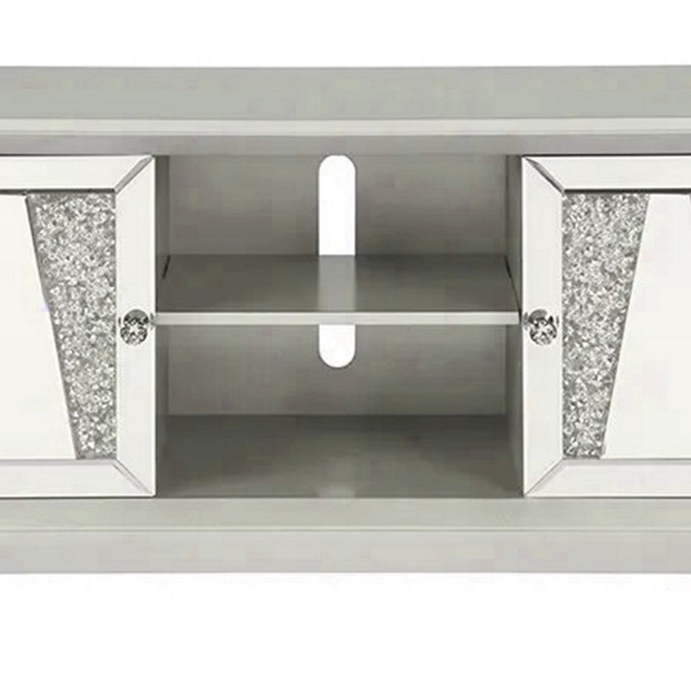 Rigo 60 Inch TV Entertainment Console, 2 Doors, Mirrored, Acrylic, Silver By Casagear Home