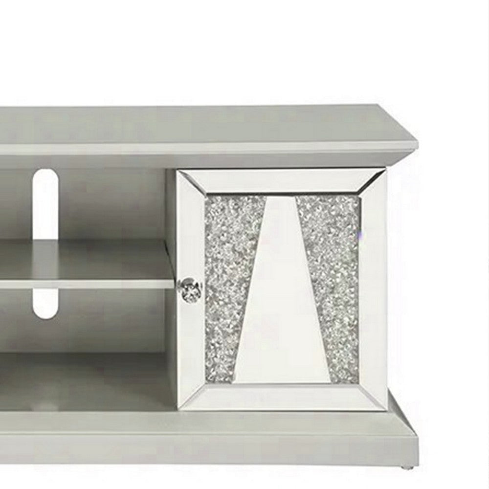 Rigo 60 Inch TV Entertainment Console, 2 Doors, Mirrored, Acrylic, Silver By Casagear Home