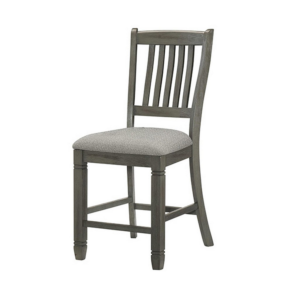 26 Inch Counter Height Chair Set of 2, Slat Back, Gray Wood, Fabric Seat By Casagear Home