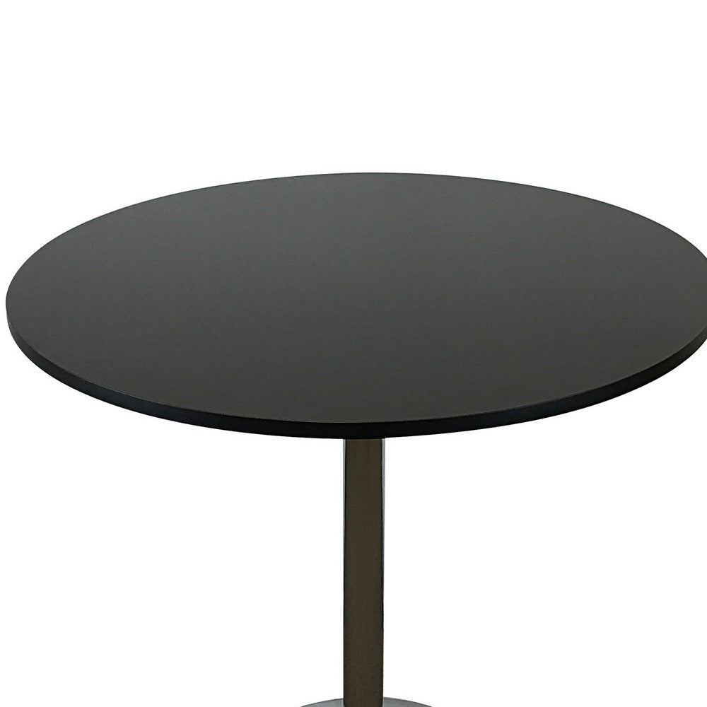 Mari 36 Inch Dining Table, Smooth Black Round Top and Stainless Steel Base By Casagear Home