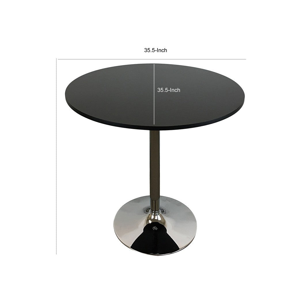 Mari 36 Inch Dining Table, Smooth Black Round Top and Stainless Steel Base By Casagear Home