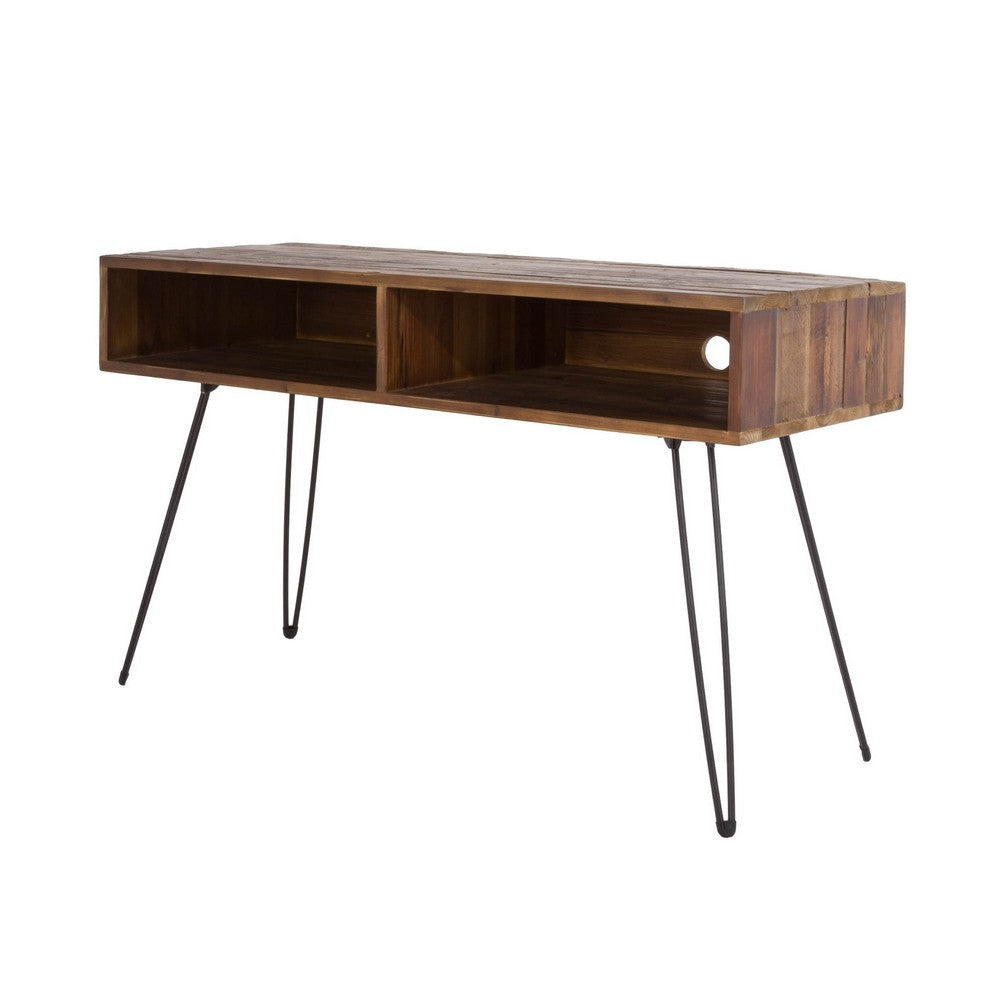 48 Inch Writing Desk, Industrial Style, 2 Brown Wood Shelves, Metal Legs By Casagear Home