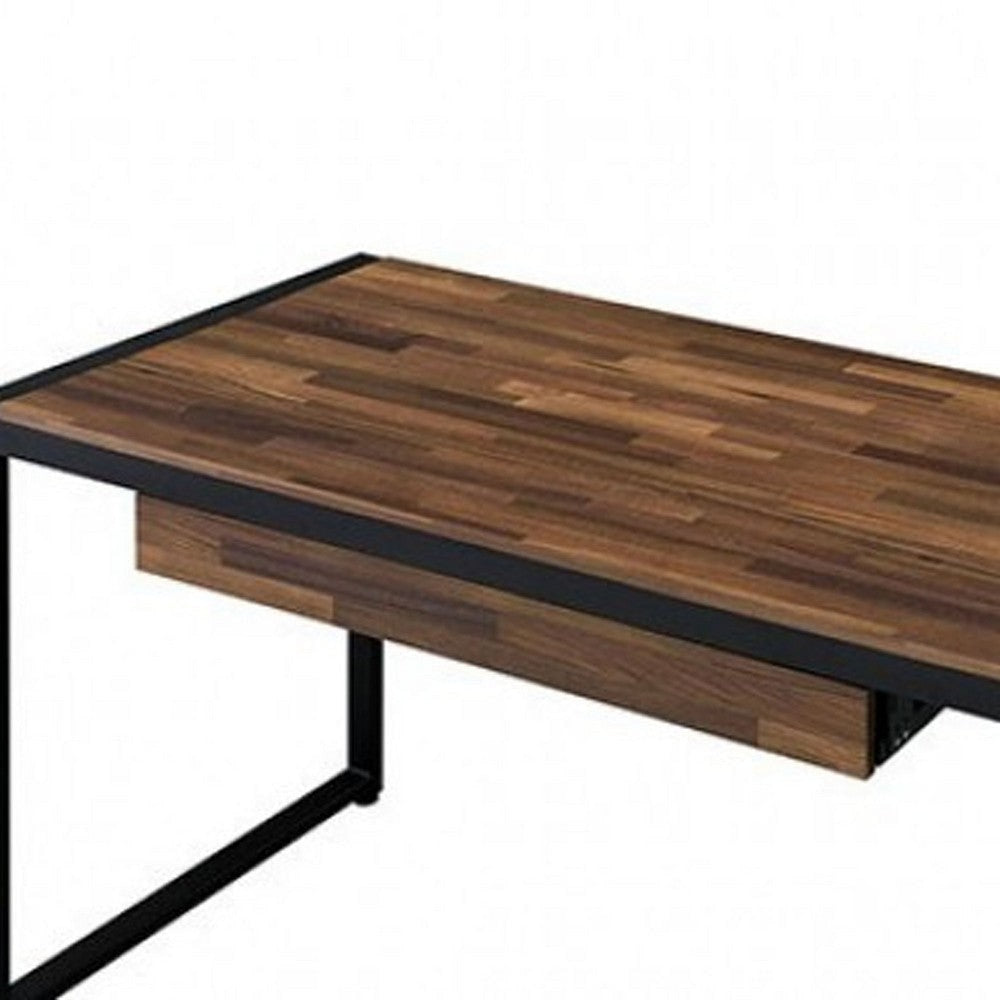 50 Inch Writing Desk, 1 Drawer, Black Metal, Dark Oak Brown Finished Top By Casagear Home