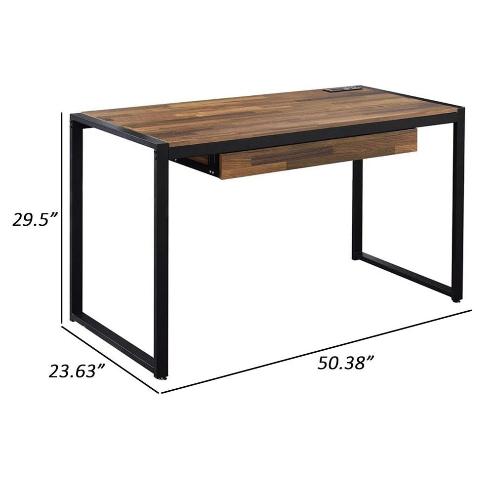 50 Inch Writing Desk, 1 Drawer, Black Metal, Dark Oak Brown Finished Top By Casagear Home