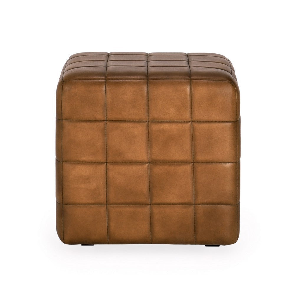 18 Inch Ottoman, Buffalo Leather Upholstery, Cube Mango Wood Frame, Brown By Casagear Home