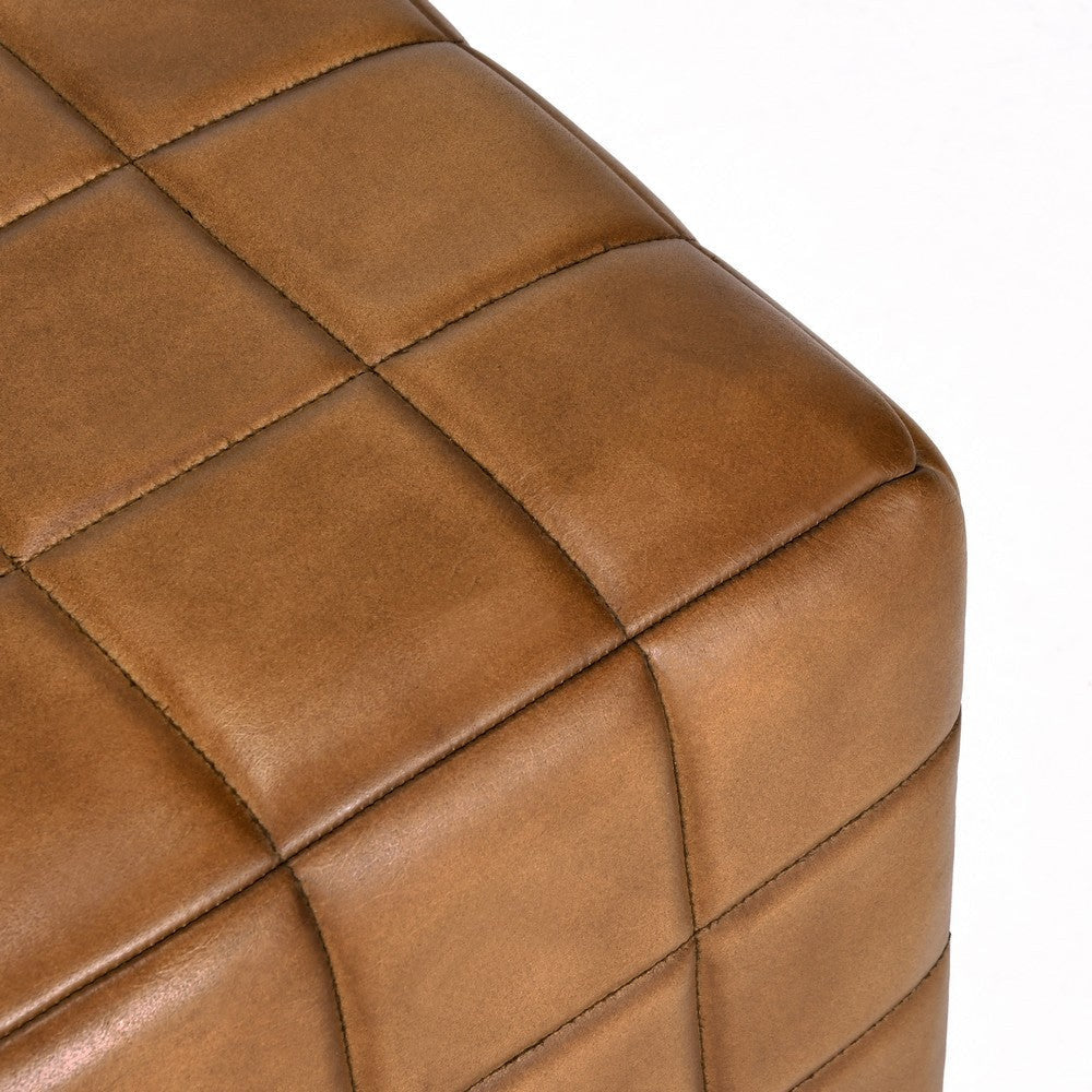 18 Inch Ottoman, Buffalo Leather Upholstery, Cube Mango Wood Frame, Brown By Casagear Home