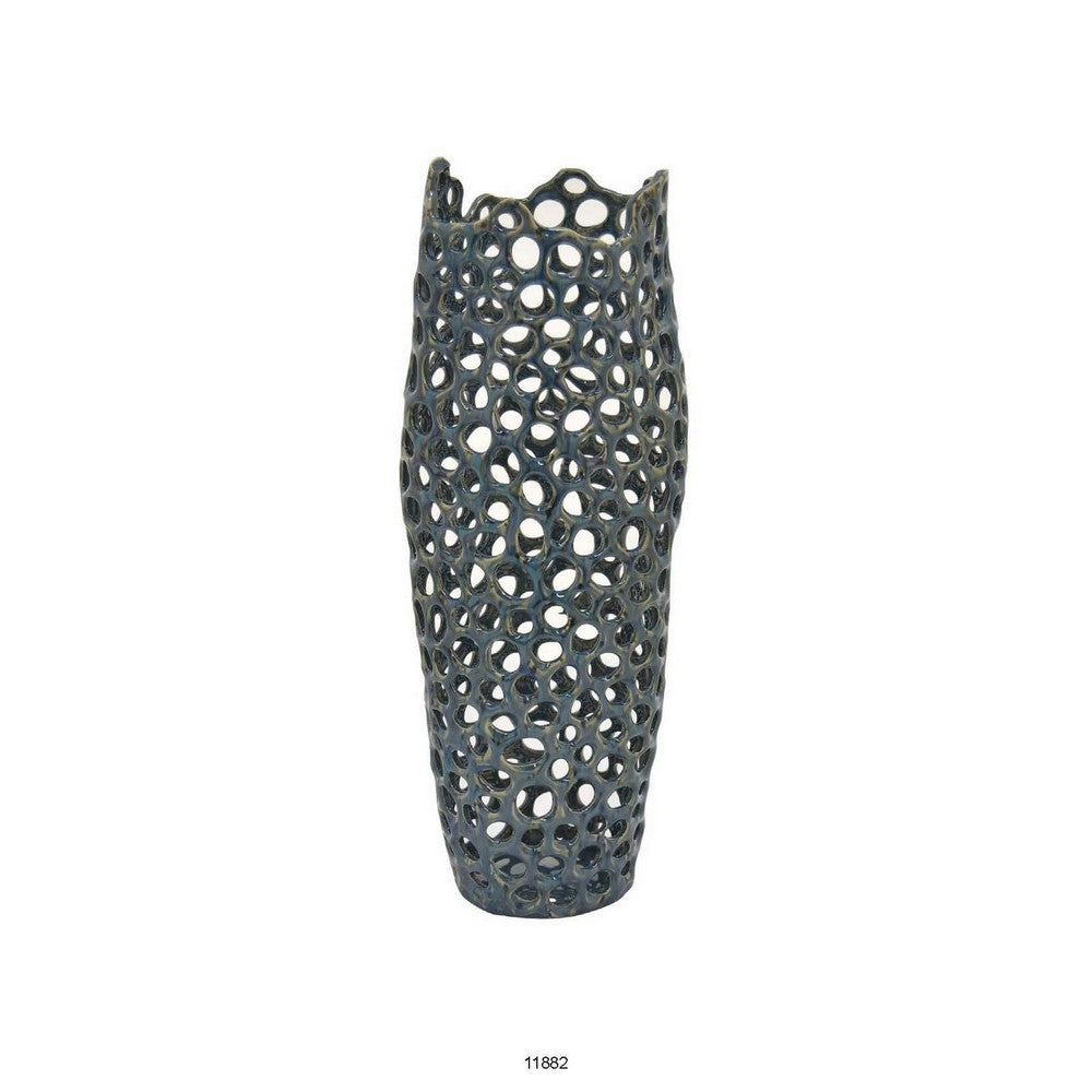 20 Inch Ceramic Decorative Vase, Long Coral Design, Deep Blue Finish By Casagear Home