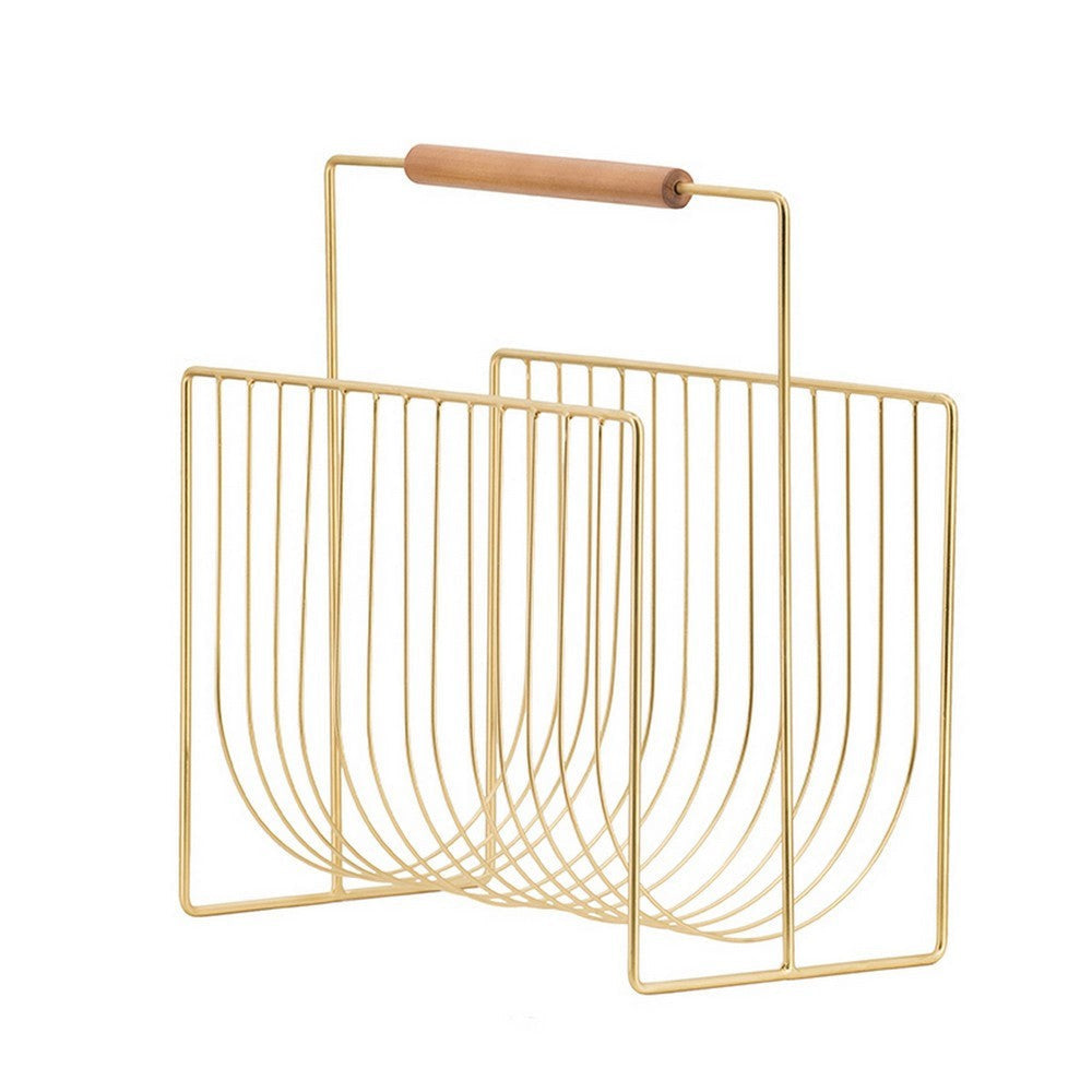 Raina 15 Inch Decorative Magazine Rack, Curved Stack, Gold Finished Iron By Casagear Home