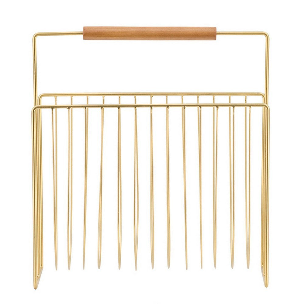 Raina 15 Inch Decorative Magazine Rack, Curved Stack, Gold Finished Iron By Casagear Home