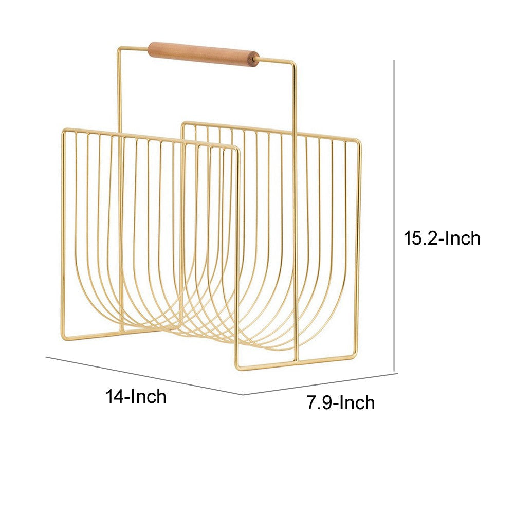 Raina 15 Inch Decorative Magazine Rack, Curved Stack, Gold Finished Iron By Casagear Home