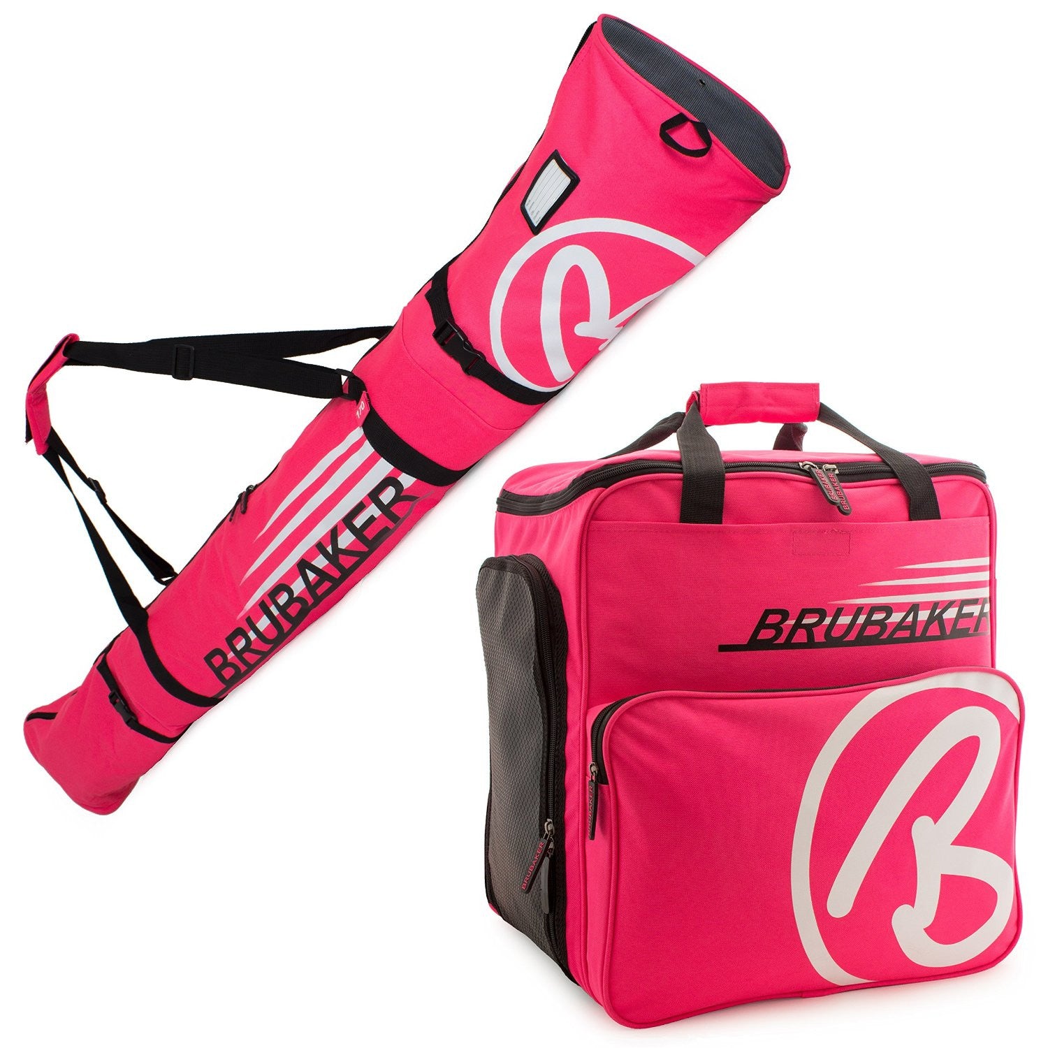 BRUBAKER Ski Bag Combo for Ski, Poles, Boots and Helmet - Limited Edition - Dark Pink / White