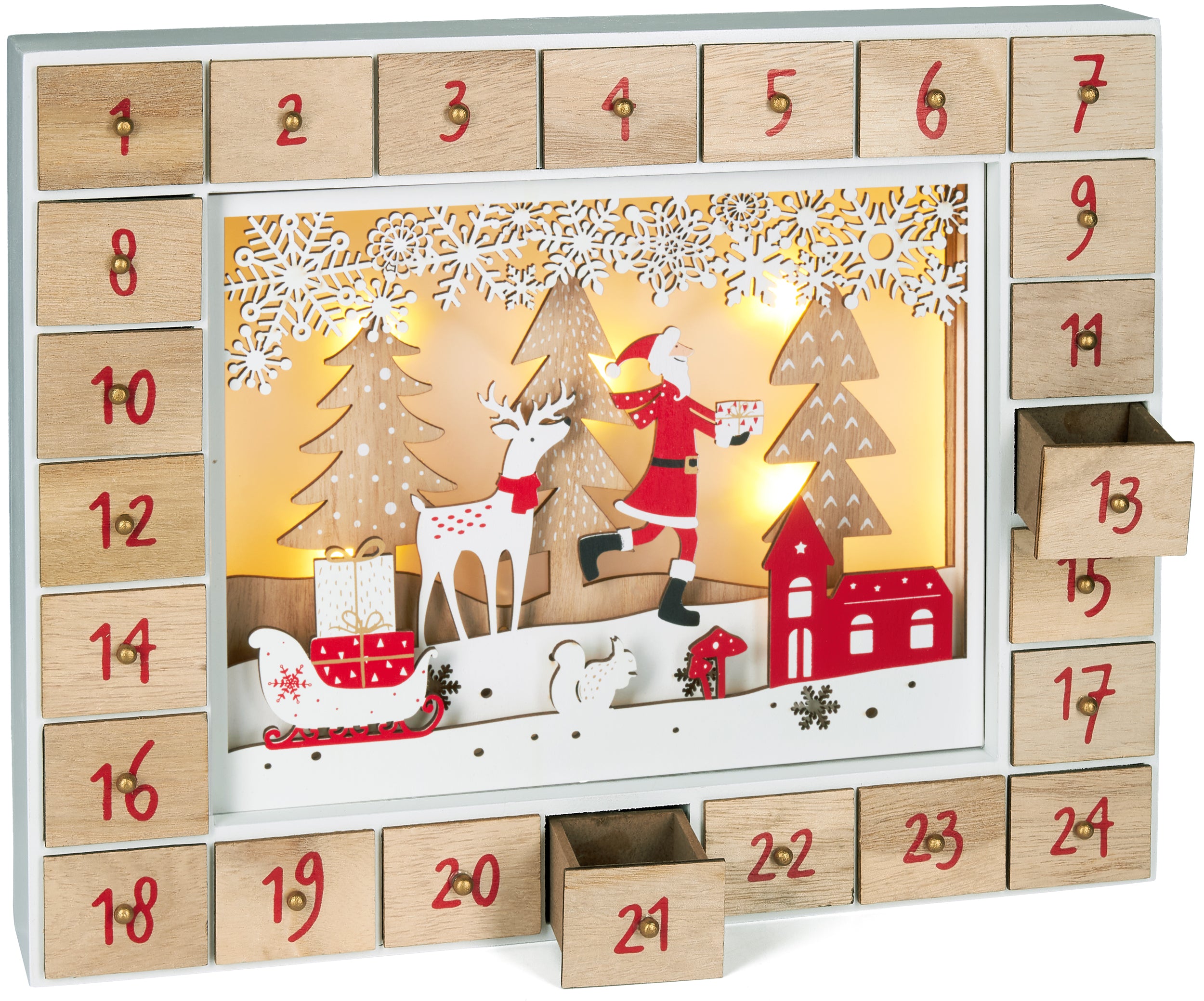 BRUBAKER Advent Calendar - Red Santa - Wooden Christmas Forest Scene with LED Lighting - 14 x 2.3 x 10.63 Inches