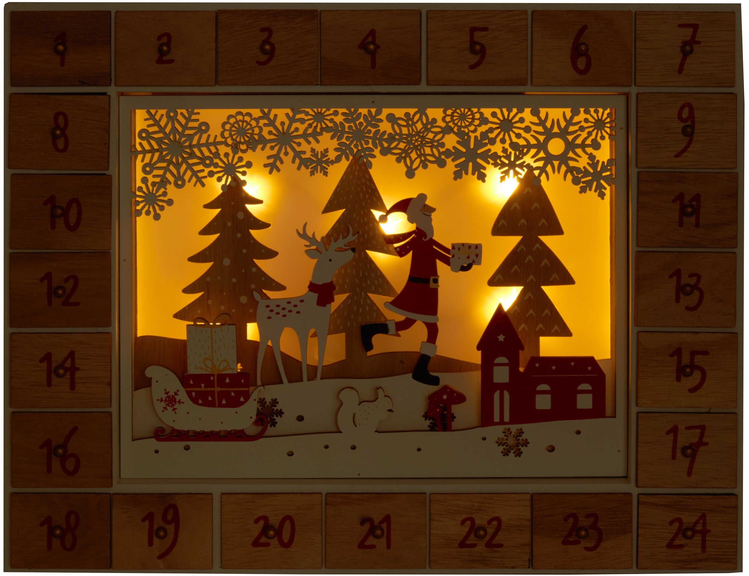 BRUBAKER Advent Calendar - Red Santa - Wooden Christmas Forest Scene with LED Lighting - 14 x 2.3 x 10.63 Inches