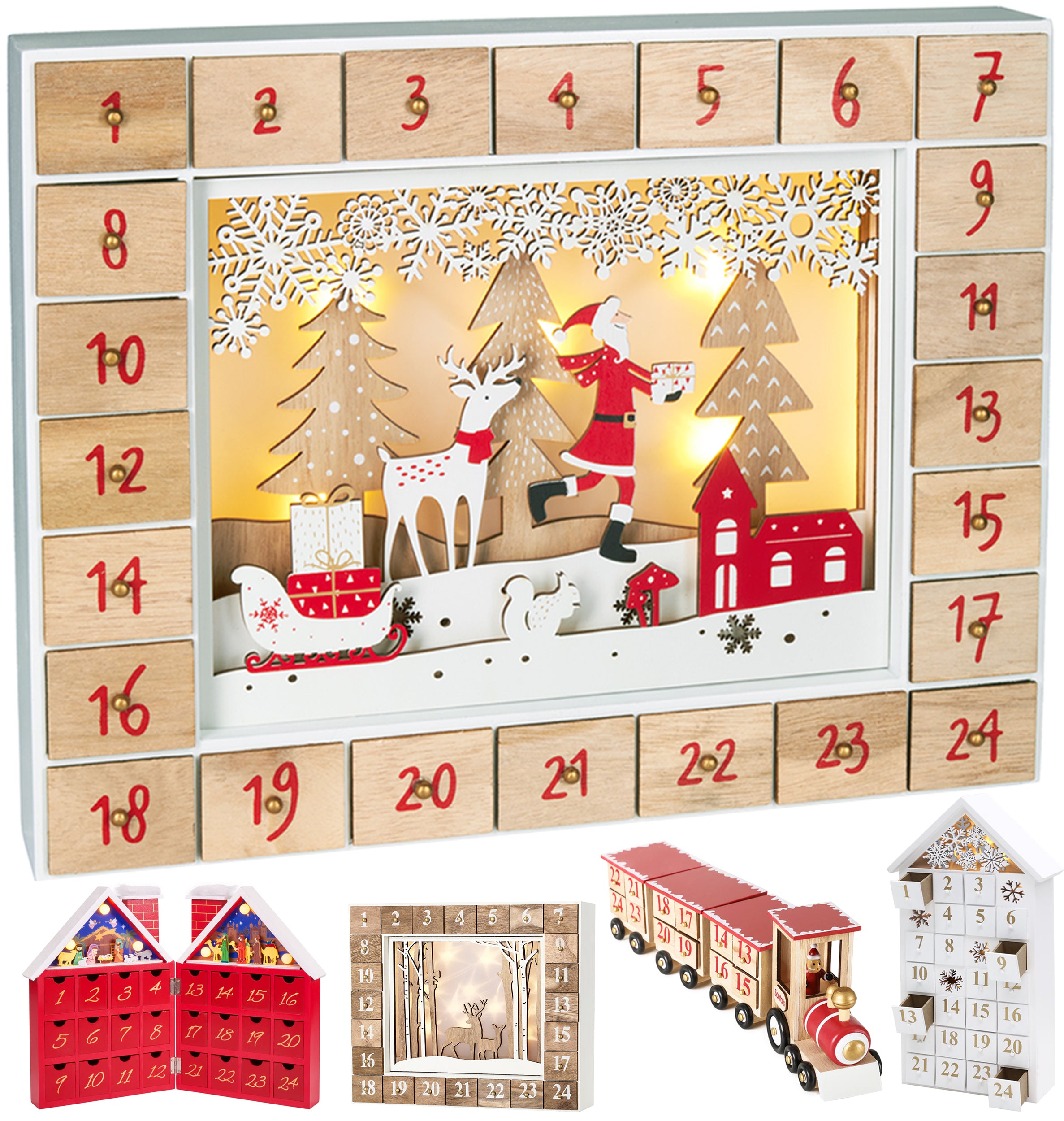 BRUBAKER Advent Calendar - Red Santa - Wooden Christmas Forest Scene with LED Lighting - 14 x 2.3 x 10.63 Inches