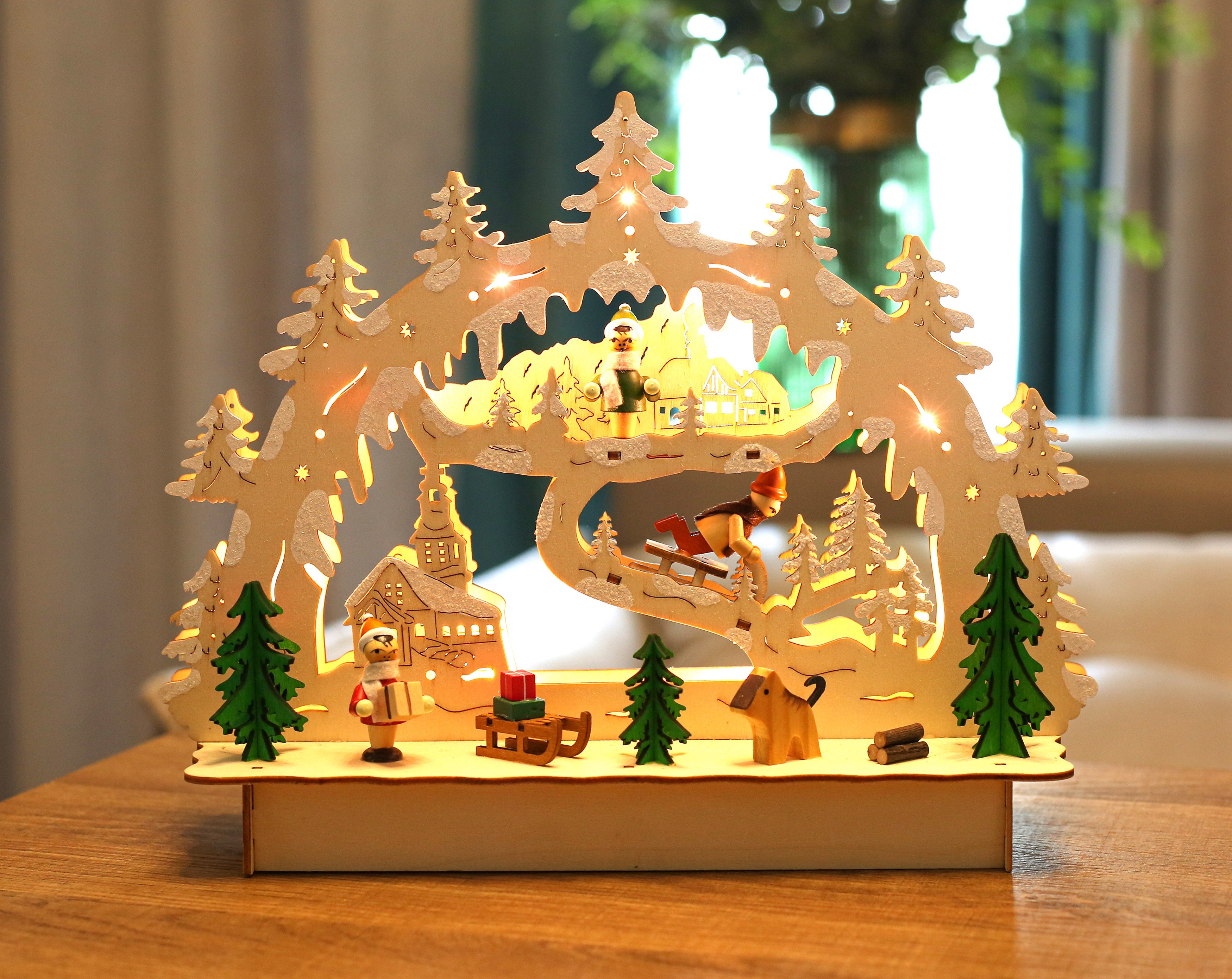 BRUBAKER 3D LED Candle Arch - Winter Landscape with Church - LED Lighting - Natural Wood - 10.6 x 9.5 x 3.4 Inches - Hand Painted