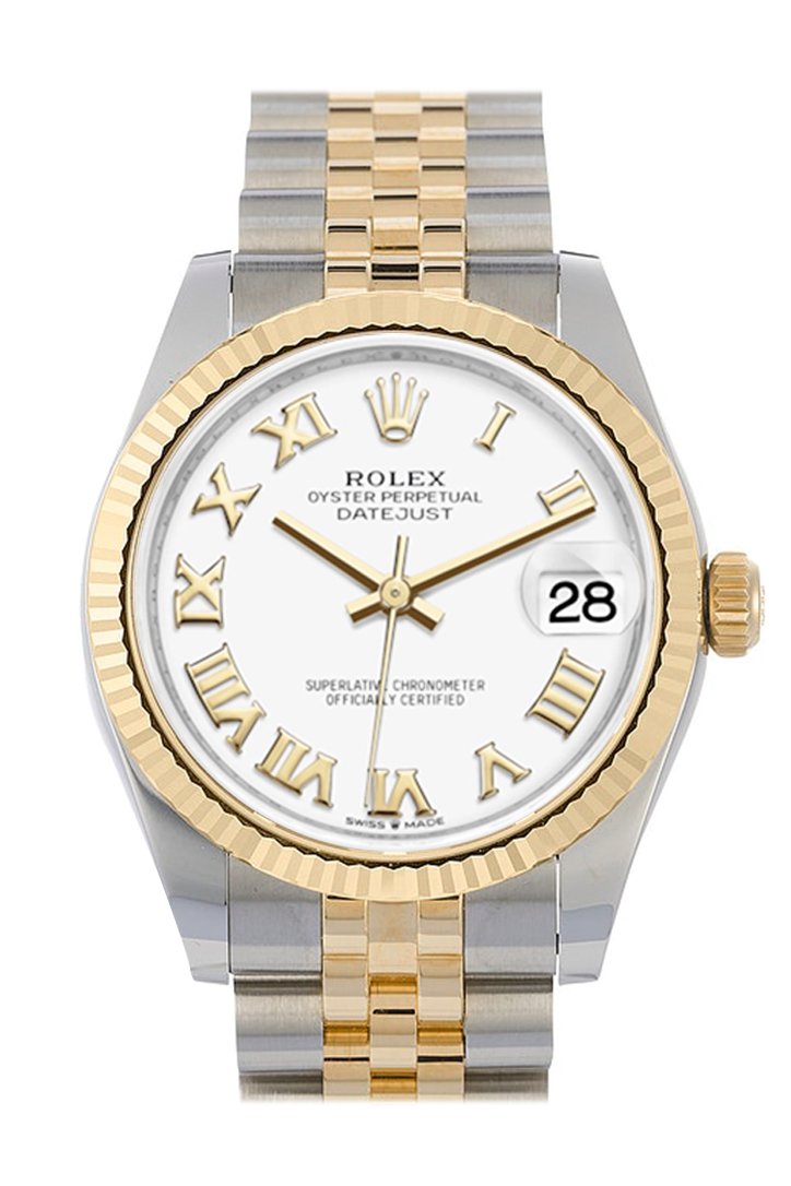Rolex Datejust 31 White Roman Dial Fluted Bezel 18K Yellow Gold Two Tone Jubilee Watch 278273 NP