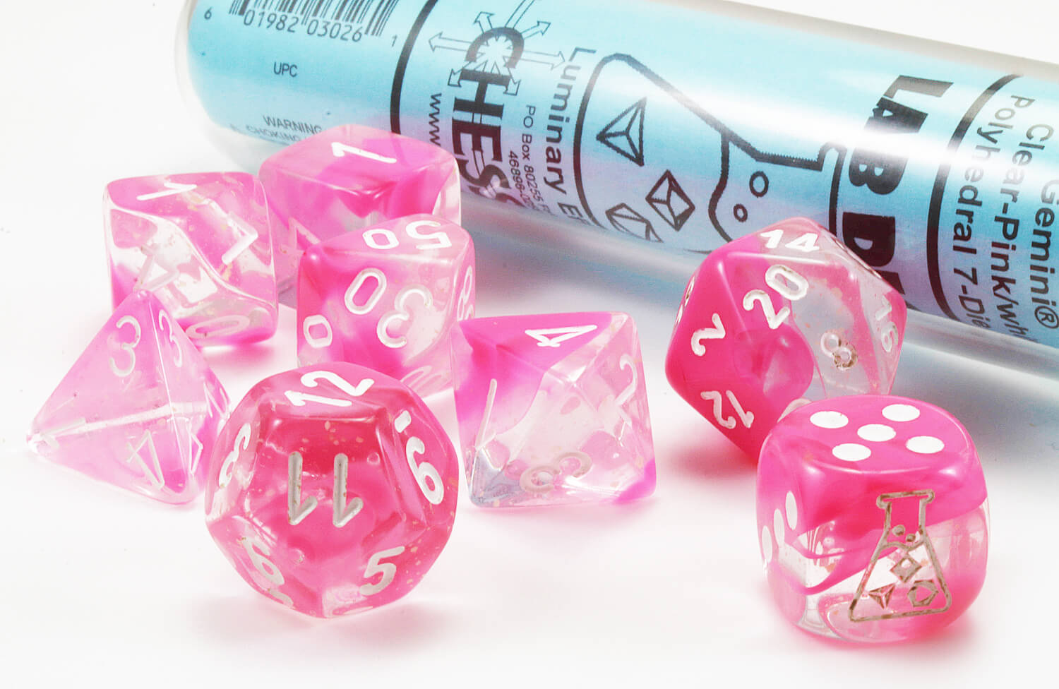 Chessex Lab Dice IV (Gemini Clear - Pink With White) Glow-In-The-Dark RPG Dice Set