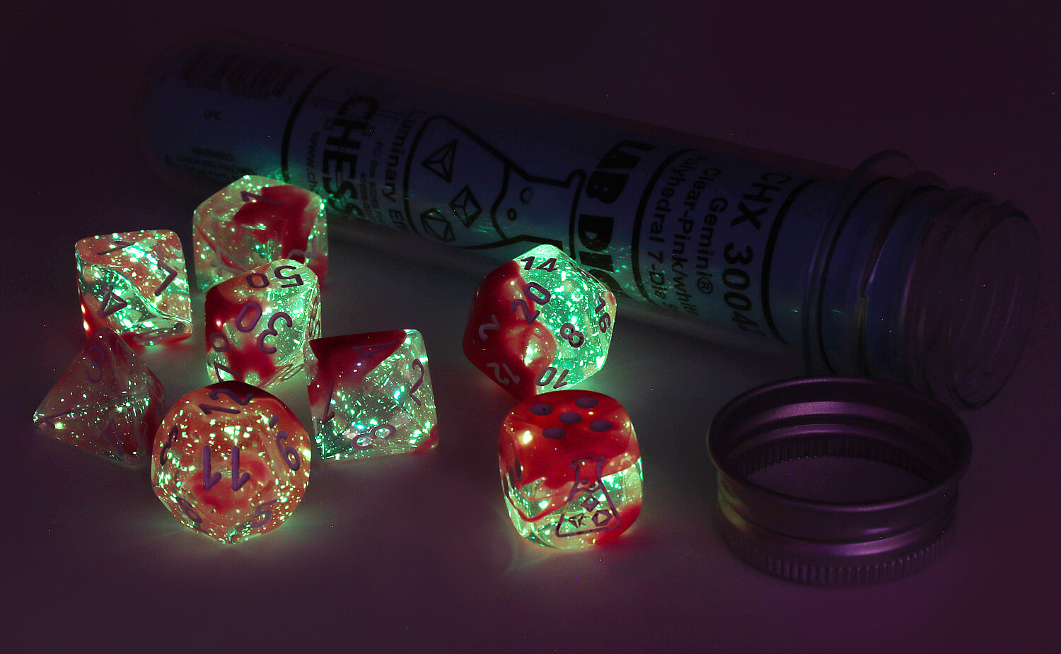 Chessex Lab Dice IV (Gemini Clear - Pink With White) Glow-In-The-Dark RPG Dice Set