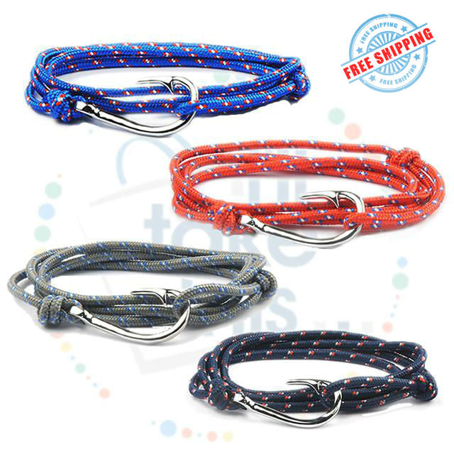 Adjustable Rope Fishing Style Bracelet, with a Silver Fishing hook clasp