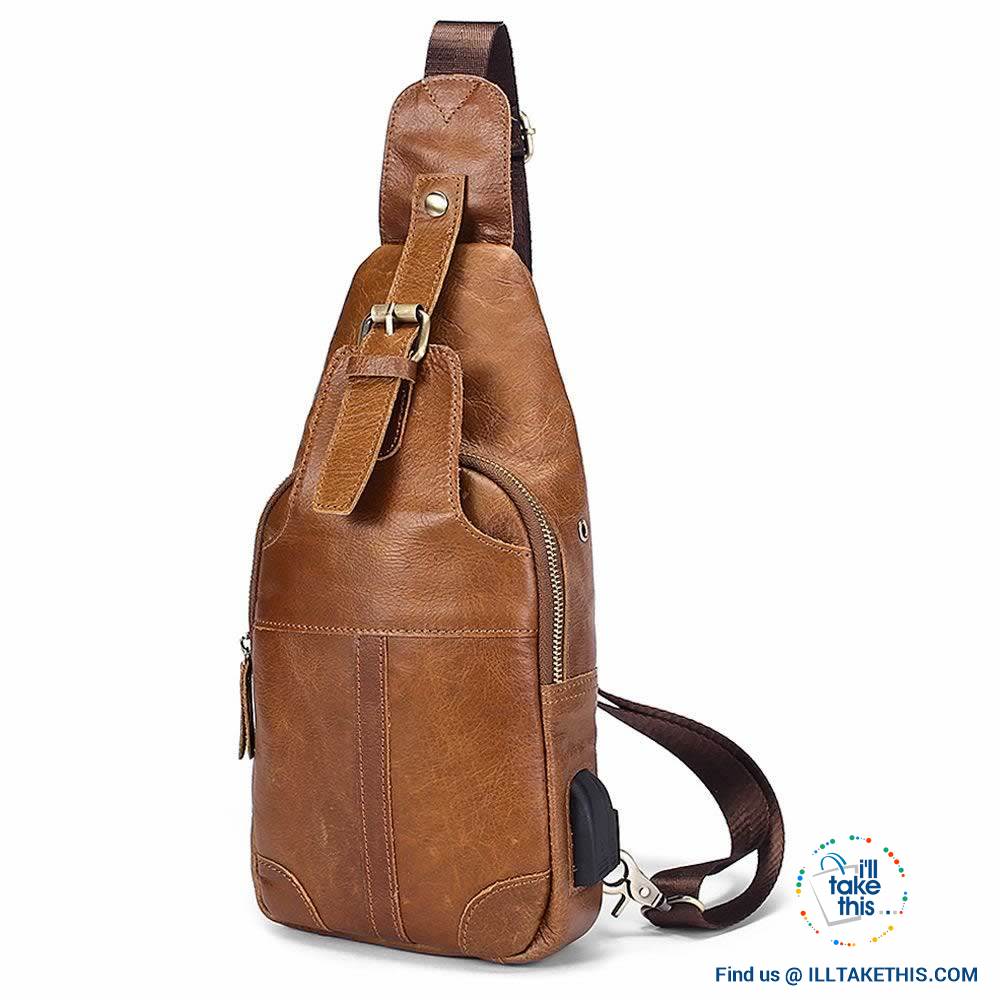 EASY Sling Shoulder All Leather Back Pack with USB Charging