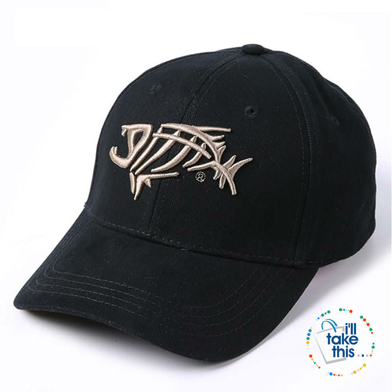 Pure Cotton Fish Bones Embroidered Baseball Fishing Caps, Black-White or Navy-Gold