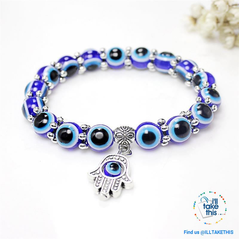 Handmade elasticized Hamsa/Hand of Fatima, evil eye bracelets blue evil eye good Luck bracelet