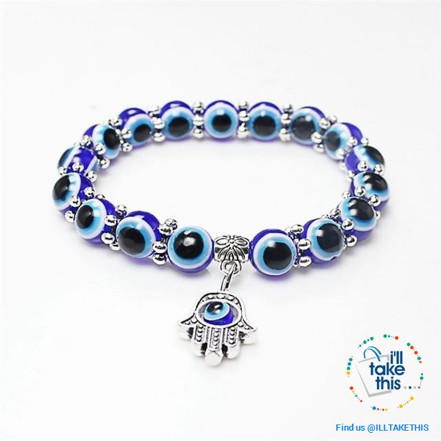 Handmade elasticized Hamsa/Hand of Fatima, evil eye bracelets blue evil eye good Luck bracelet