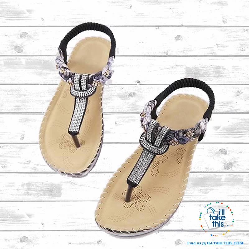 Bohemian Beaded braided Sandals / Flip Flops - Rhinestone and Print Patchwork