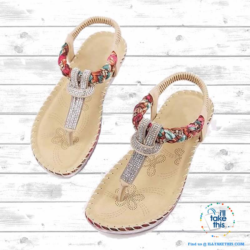 Bohemian Beaded braided Sandals / Flip Flops - Rhinestone and Print Patchwork