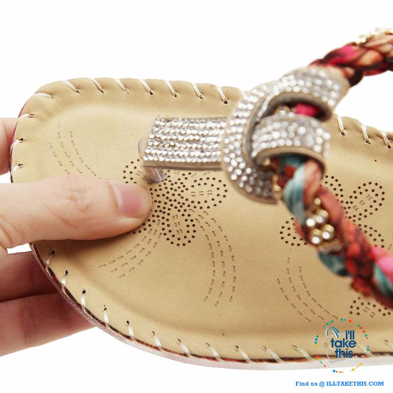 Bohemian Beaded braided Sandals / Flip Flops - Rhinestone and Print Patchwork