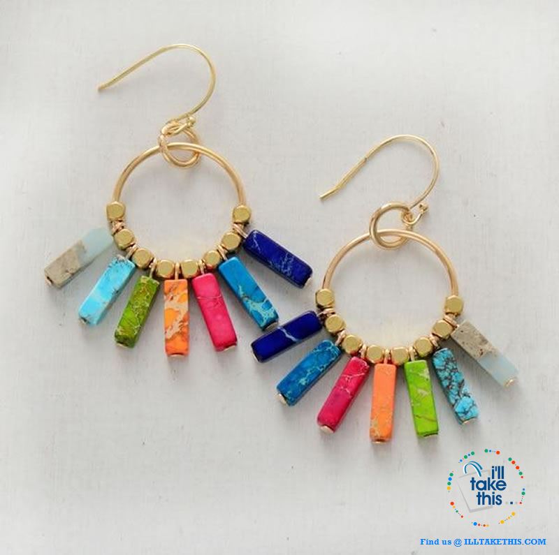 Handmade Bohemian Multi-Colored Natural Stone Chakra Earrings - Gold Color Dangle Earrings